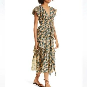 Ulla Johnson Avia Floral V-Neck Ruffle 100% Silk Midi Dress in Begonia Size 4